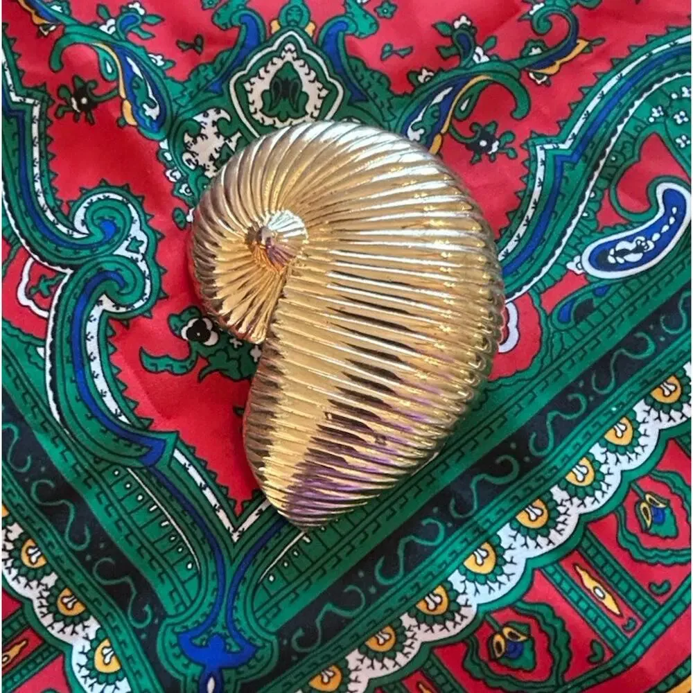 Vtg Gay Boyer Gold Tone Seashell Pendant Scarf Slide & Vtg Abstract Square Scarf